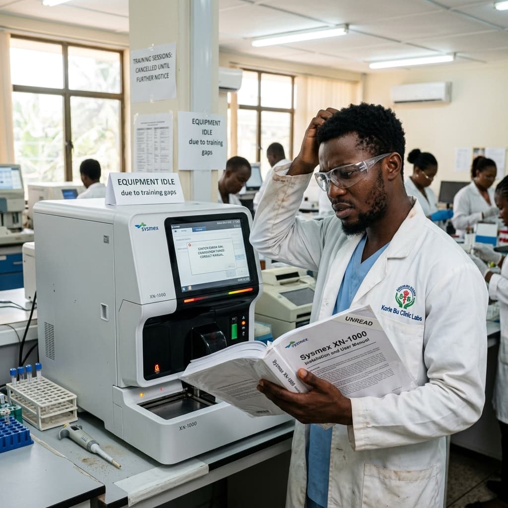 Clueless laboratory technician looking confused at idle diagnostic machinery without hands-on training